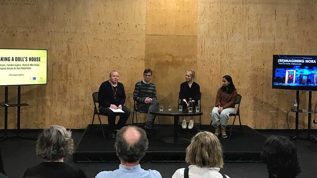L-R Dan Rebellato,. Sam Adamson, Hattie Morahan, and Anjana Vasan discussing their experiences of reviving and reworking Ibsen’s play