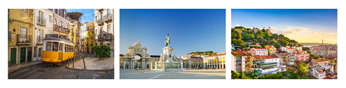 A panel of three images of Lisbon, A yellow tram in the old streets, an equine statue in a large Square and the skyline of the city including castle and bridge