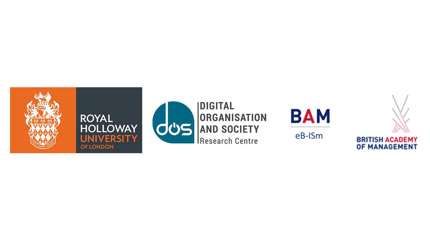 Logos for Royal Holloway University, DOS Research Group BAM eb-iSm and British Academiy of Management