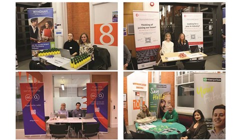 A splitscreen image showing photographs of representatives from various companies sitting at tables before the Speed Recruitment Event started