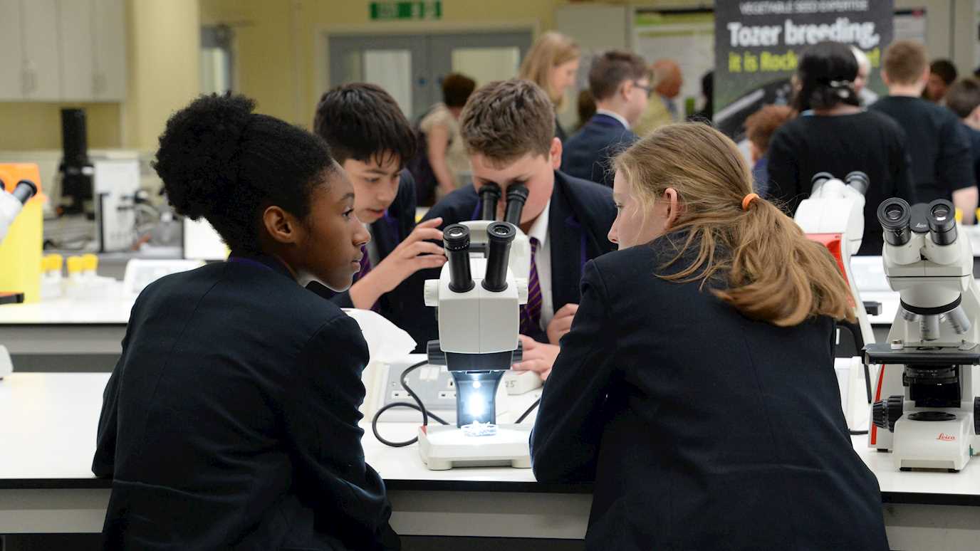 four students with a microscope - activities by subject schools studying here