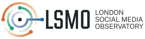 Logo for London Social Media Observatory featuring text next to orange, green and blue concentric circles around a central point