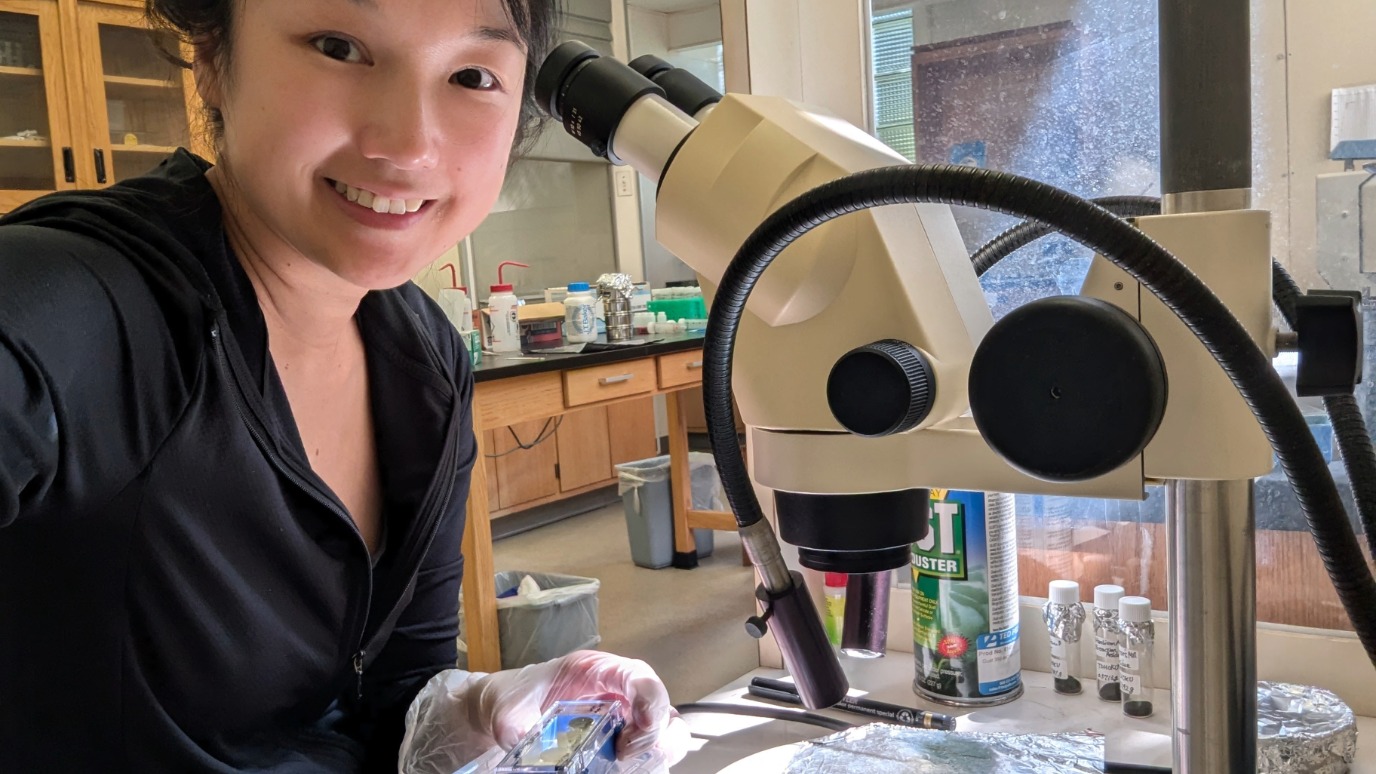 Queenie examining samples with a microscope on a recent research visit to the USA 