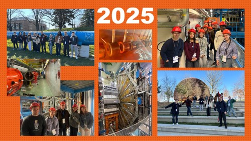 Composite image of photos taken during 2025 trip featuring students and the location, against a textured orange background with 2025 in white text